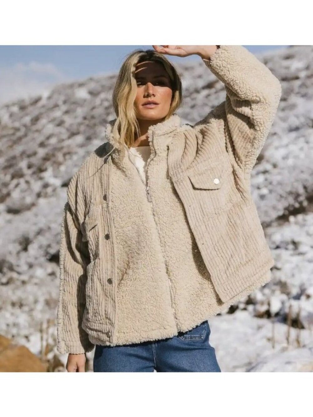 BLANKNYC Corduroy Sherpa Jacket Cottagecore Beige Boho Chic Rustic Y2K Womens S